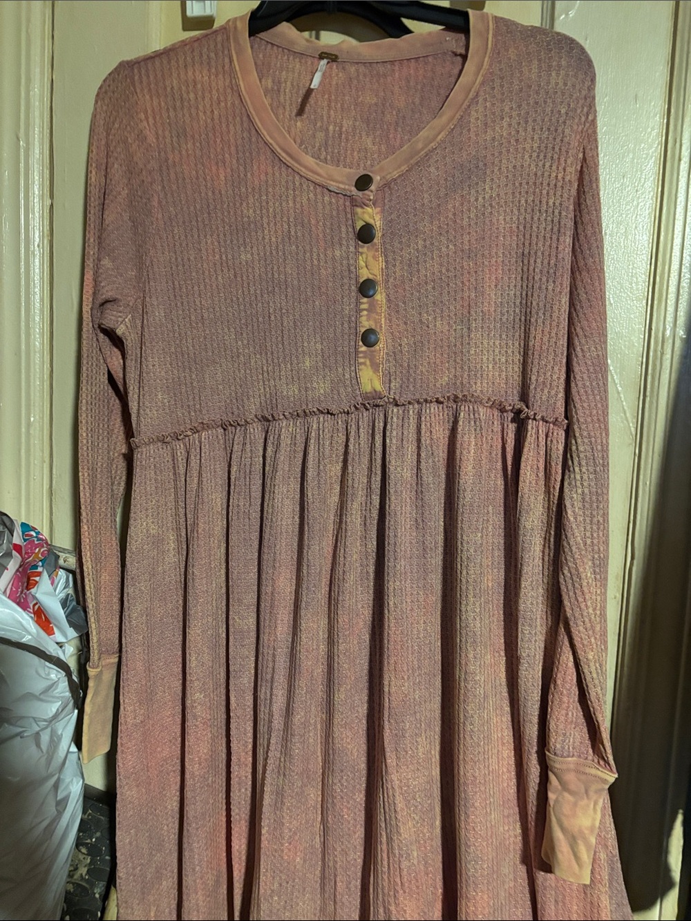 Free People Long-Sleeve Waffle Knit Babydoll Dress in Dusty Rose tie dye
